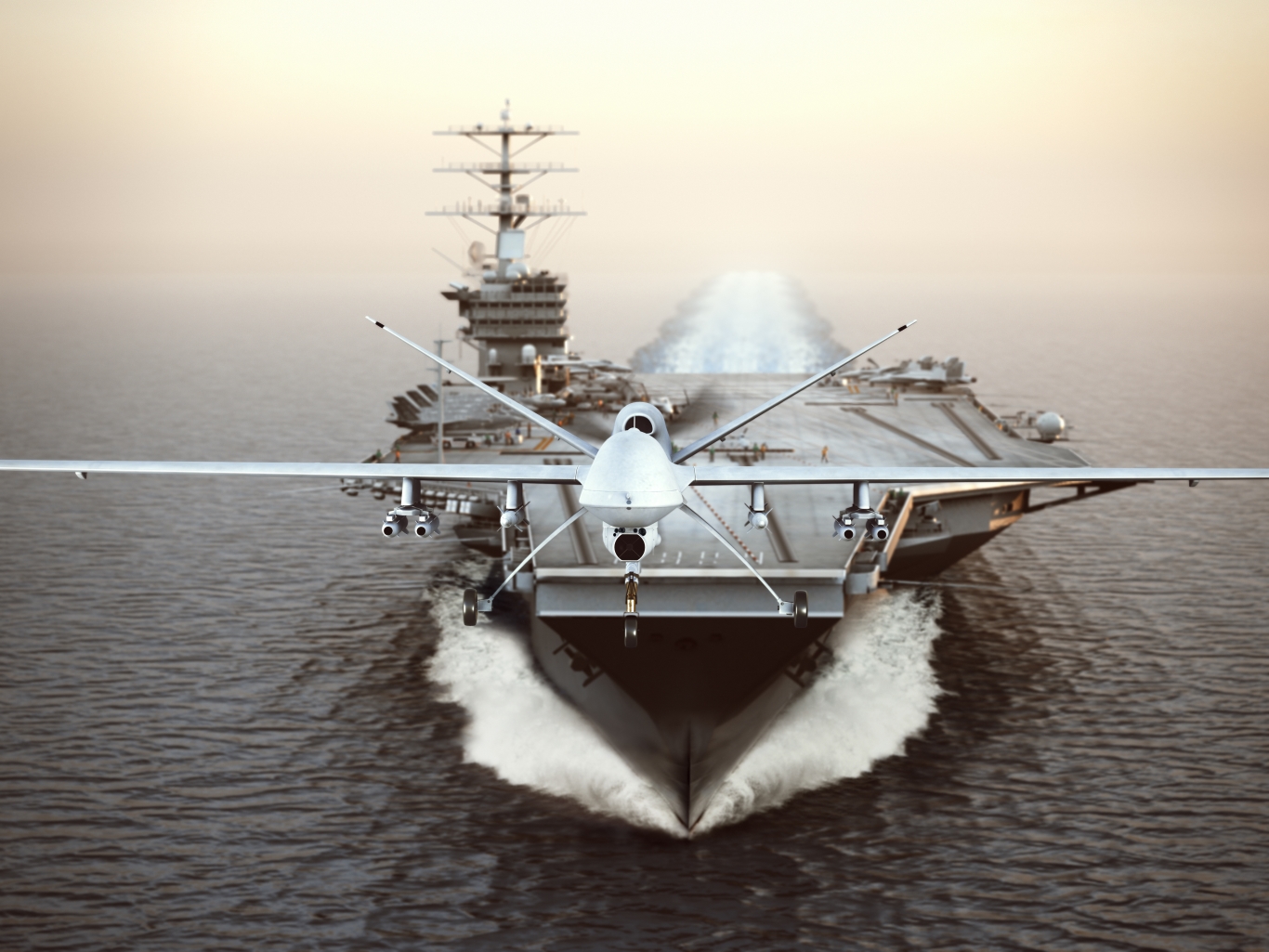 Military Drone aircraft launching from an aircraft carrier on a strike mission Military Drone aircraft launching from an aircraft carrier on a strike mission