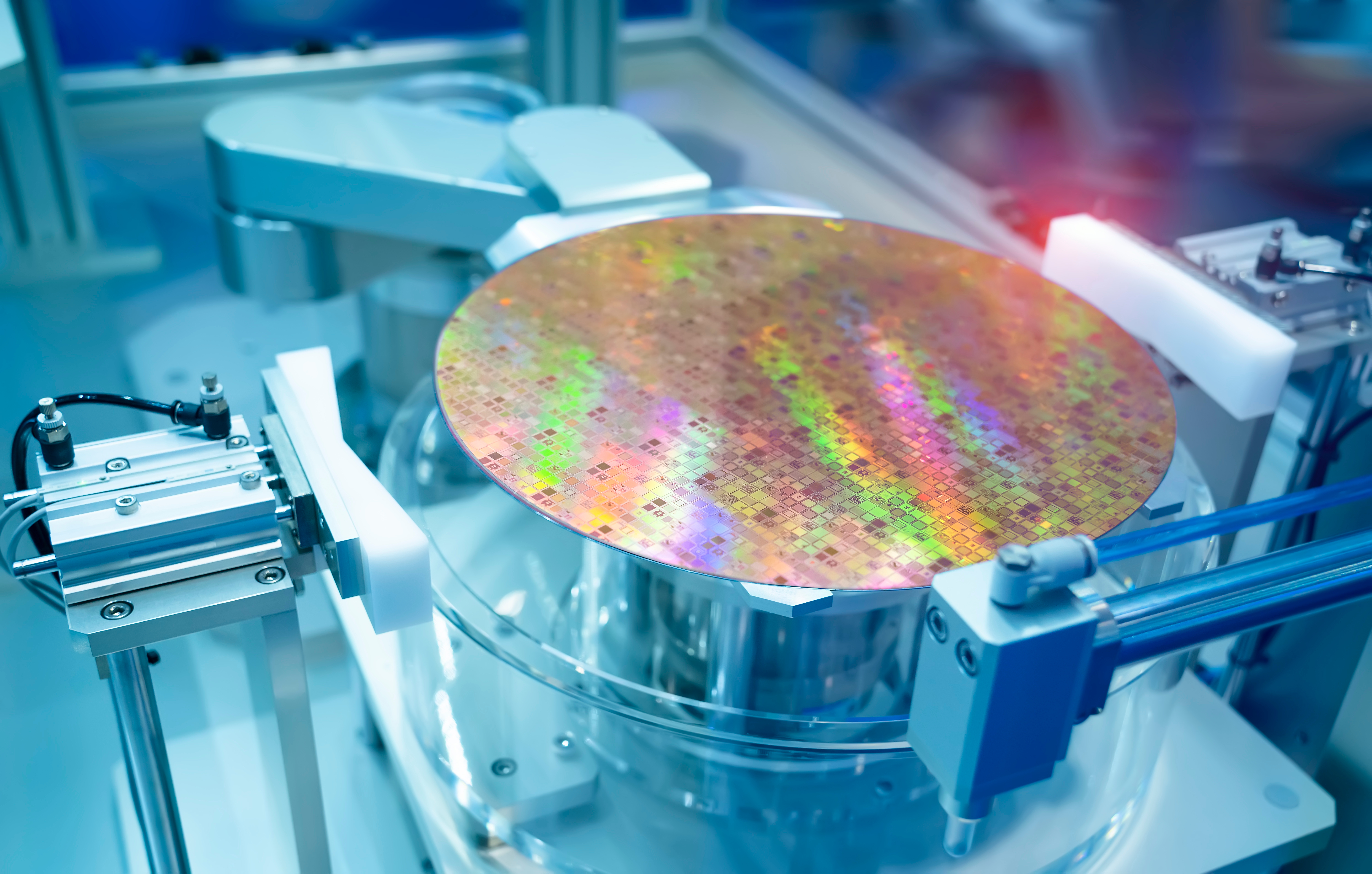 Silicon Wafers and Microcircuits with Automation system control application on automate robot arm Silicon Wafers and Microcircuits with Automation system control application on automate robot arm