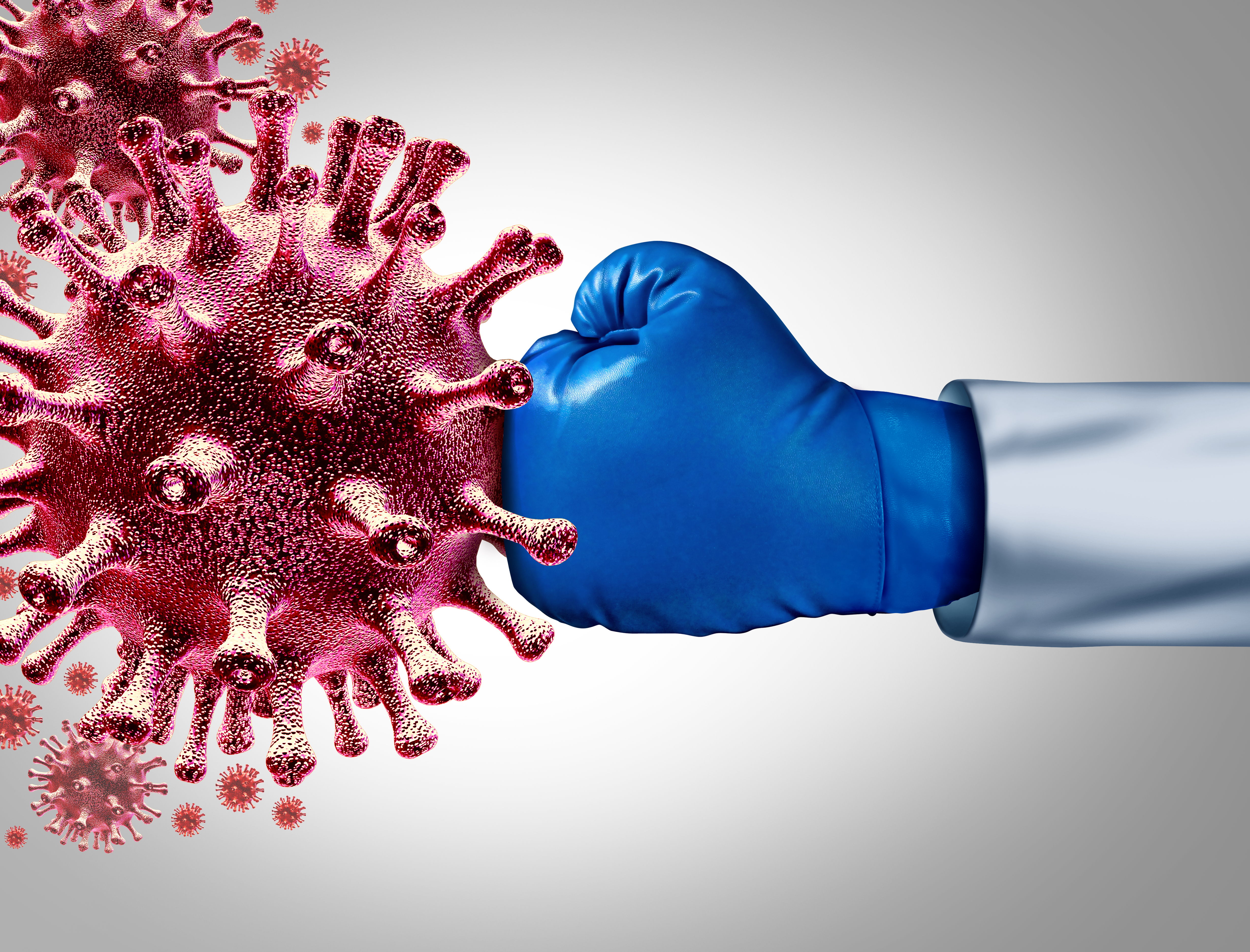 Virus vaccine and flu or coronavirus medical fight disease control as a doctor fighting a group of contagious pathogen cells as health care for researching a cure with 3D illustration elements Virus vaccine and flu or coronavirus medical fight disease control as a doctor fighting a group of contagious pathogen cells as health care for researching a cure with 3D illustration elements