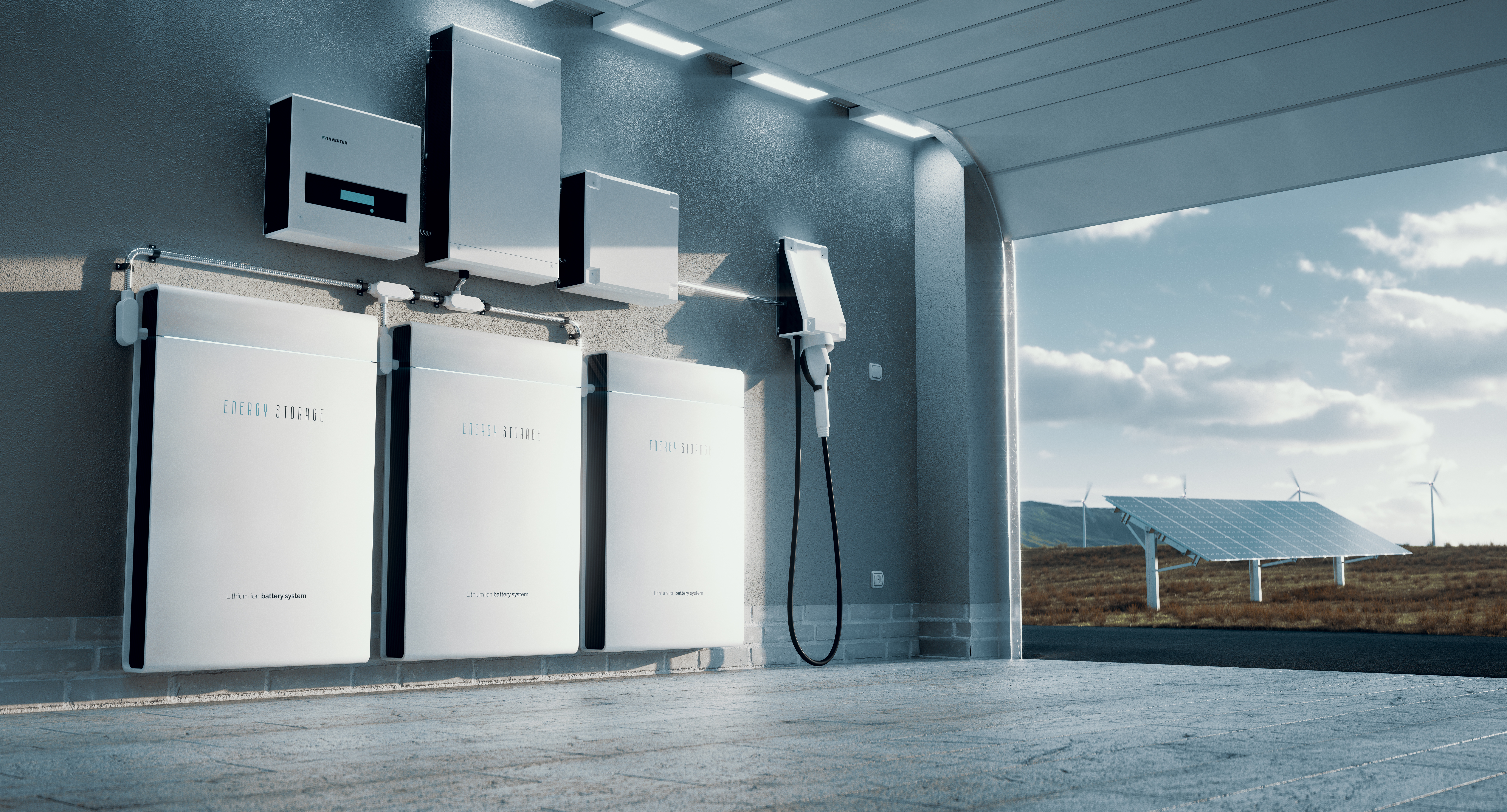 Concept of a home energy storage system based on a lithium ion battery pack situated in a modern garage with  view on a vast landscape with solar power plant and wind turbine farm