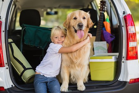 Little girl and dog into a car
