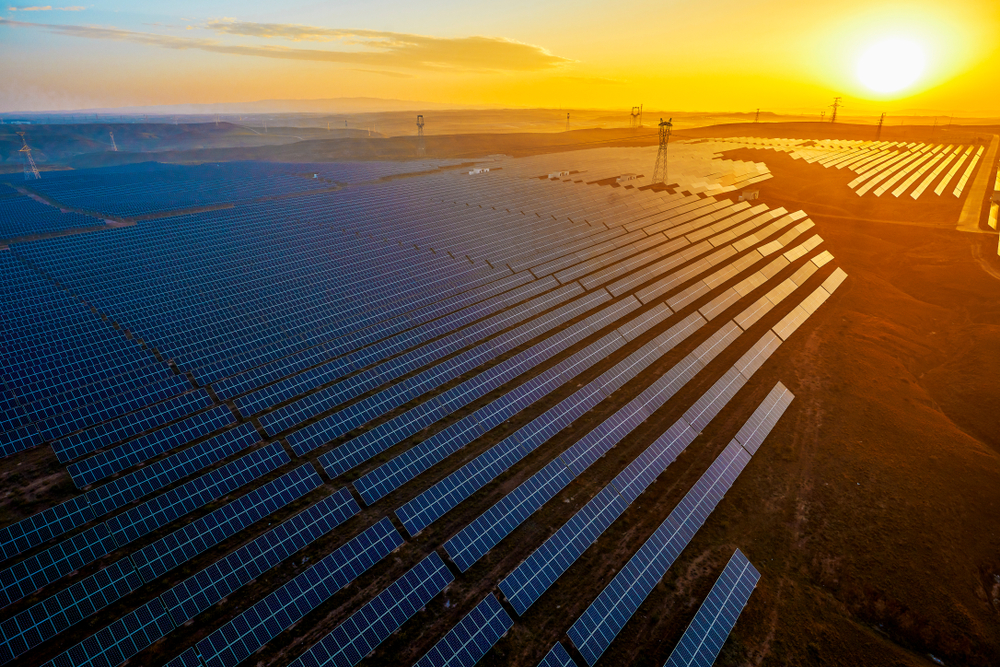 Aerial sunset outdoor new energy solar photovoltaic panels, landscapeSolvay One Planet Aerial sunset outdoor new energy solar photovoltaic panels, landscapeSolvay One Planet