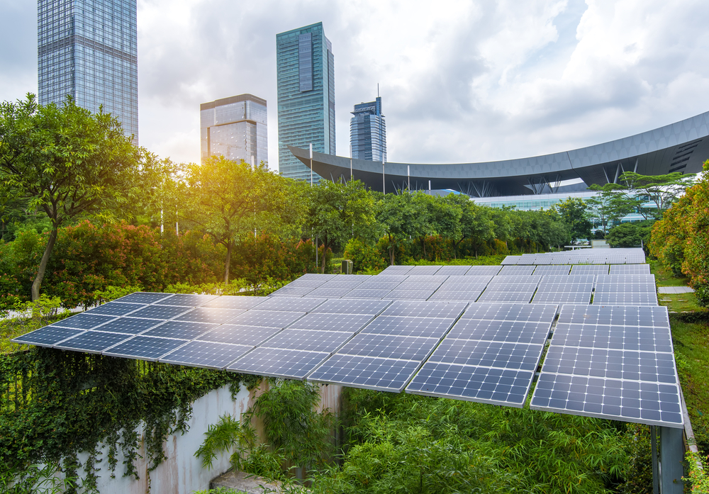Solar Panels In The Park Of Modern CitySolvay One Planet Solar Panels In The Park Of Modern CitySolvay One Planet